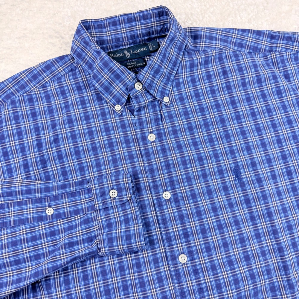 Ralph Lauren Button Down Men Large Blue Plaid Blake Two-Ply Cotton Long Sleeve‎